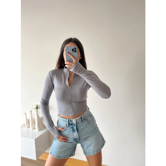 Şardonlu Fermuar Detay Crop Bluz-GRİ