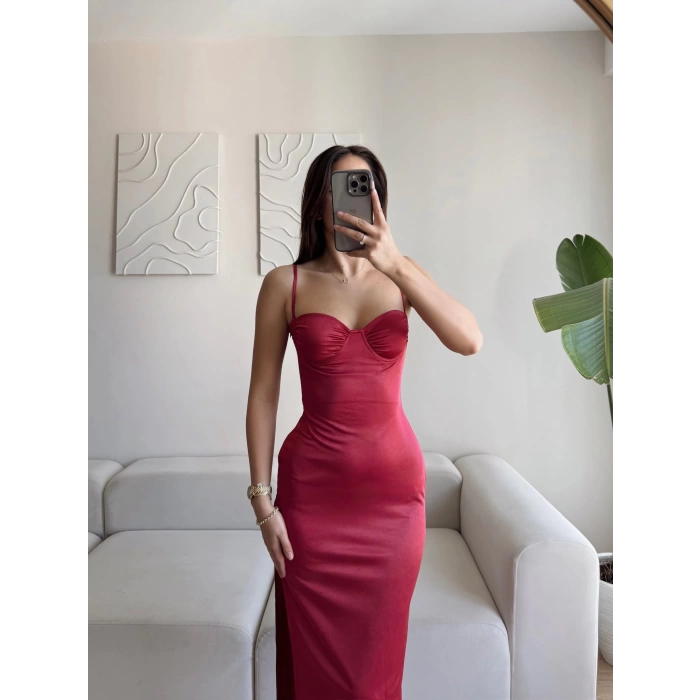 Saten Derin Yırtmaç Elbise - BORDO