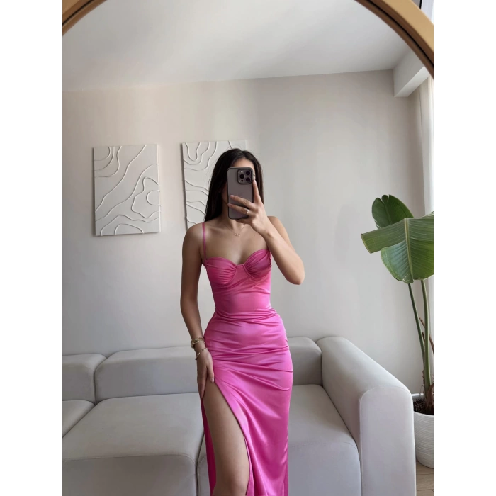 Saten Derin Yırtmaç Elbise - FUŞYA