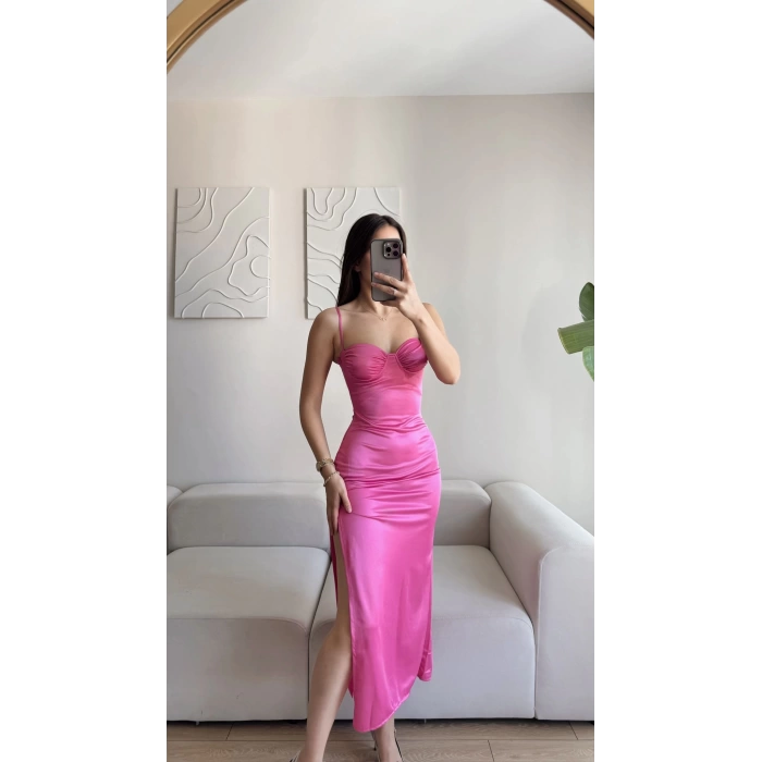 Saten Derin Yırtmaç Elbise - FUŞYA