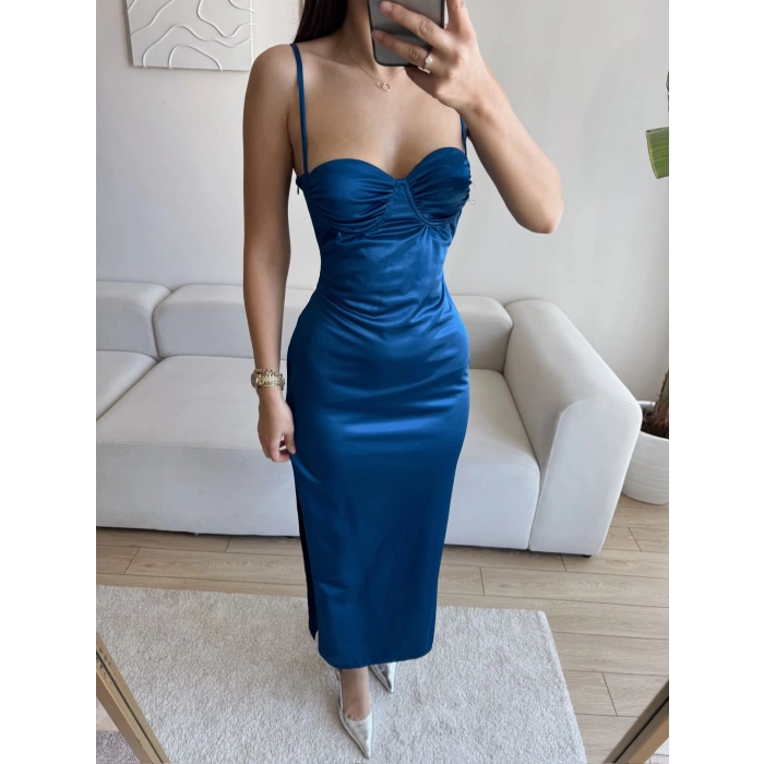 Saten Derin Yırtmaç Elbise - SAKS MAVİSİ