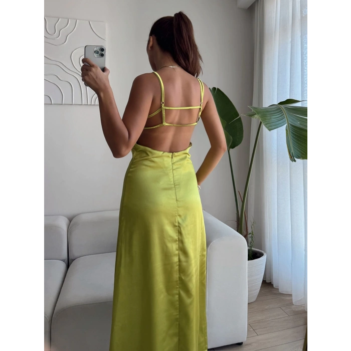 Saten Sırt Dekolte Askılı Elbise - YEŞİL