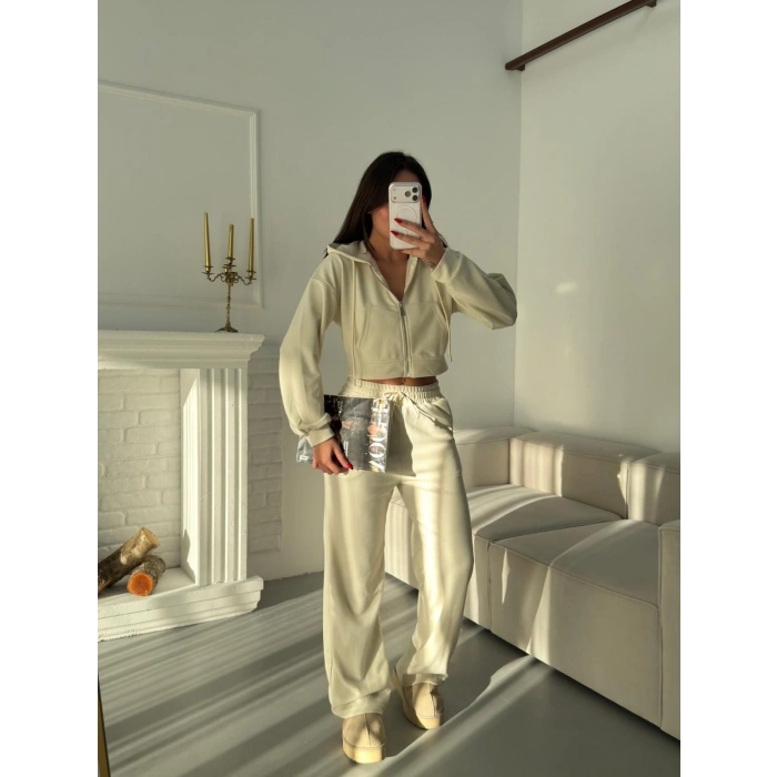 Selanik Crop Hırkalı Takım - EKRU