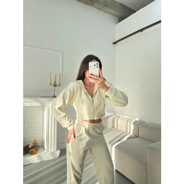 Selanik Crop Hırkalı Takım - EKRU