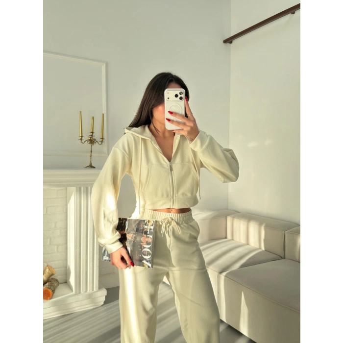 Selanik Crop Hırkalı Takım - EKRU