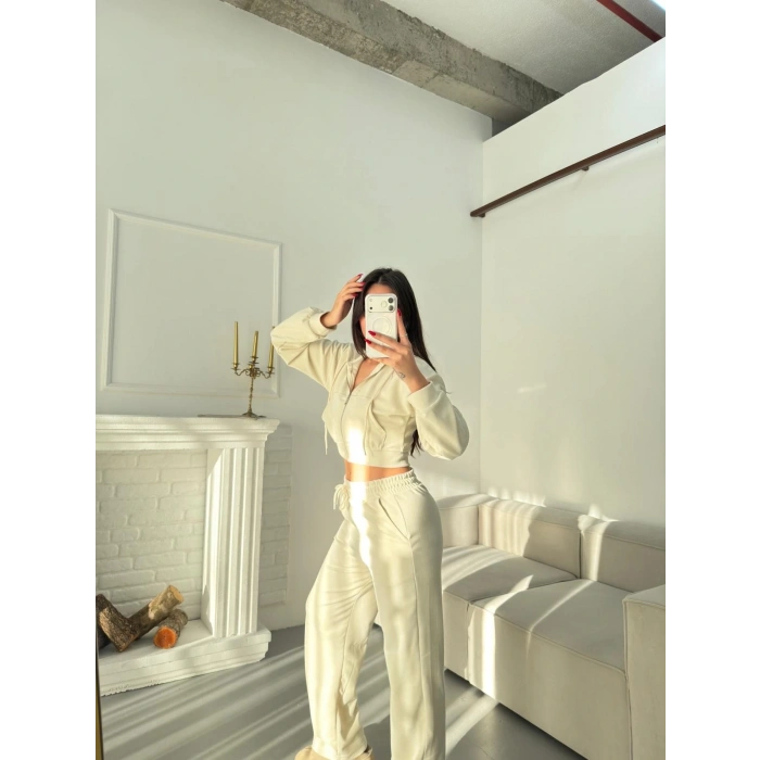 Selanik Crop Hırkalı Takım - EKRU