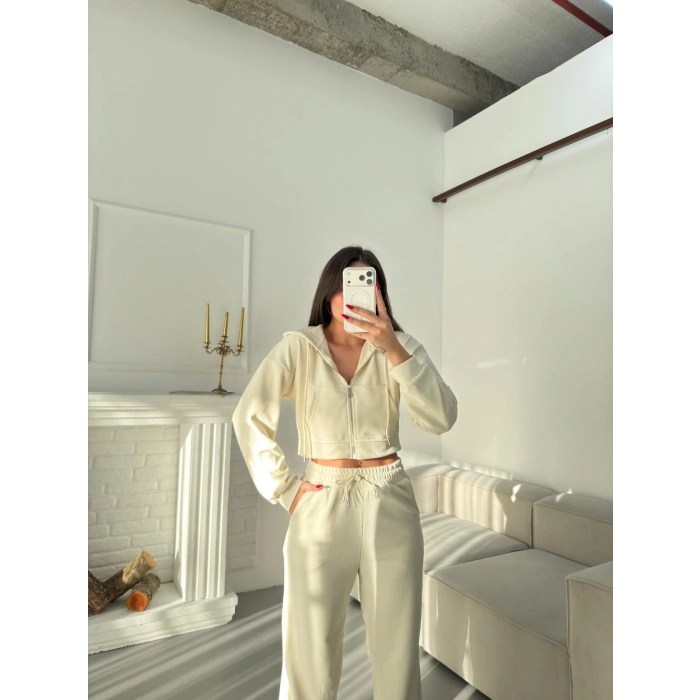 Selanik Crop Hırkalı Takım - EKRU