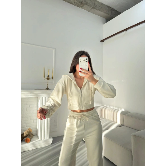 Selanik Crop Hırkalı Takım - EKRU