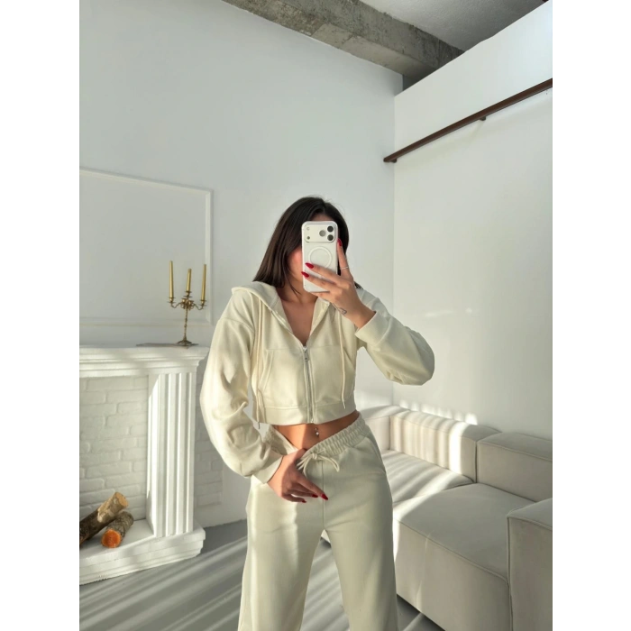 Selanik Crop Hırkalı Takım - EKRU