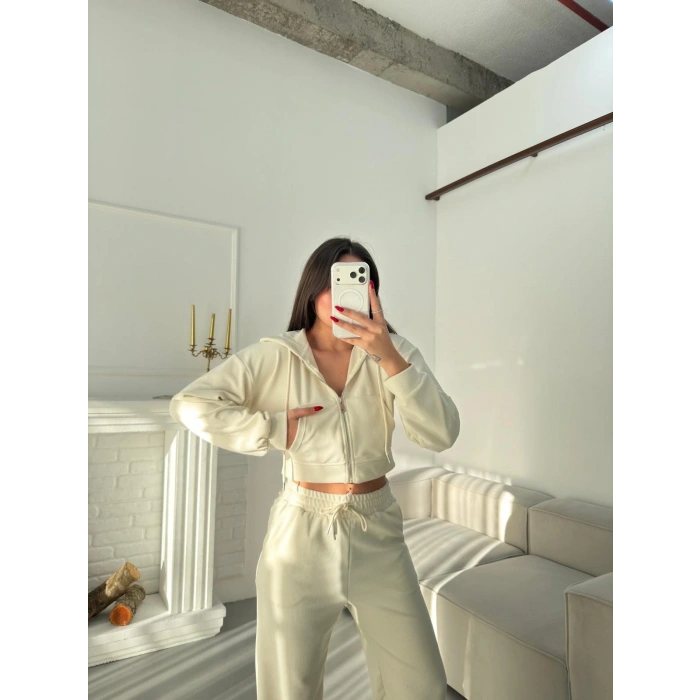 Selanik Crop Hırkalı Takım - EKRU