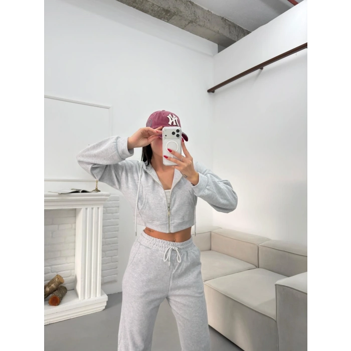 Selanik Crop Hırkalı Takım - GRİ