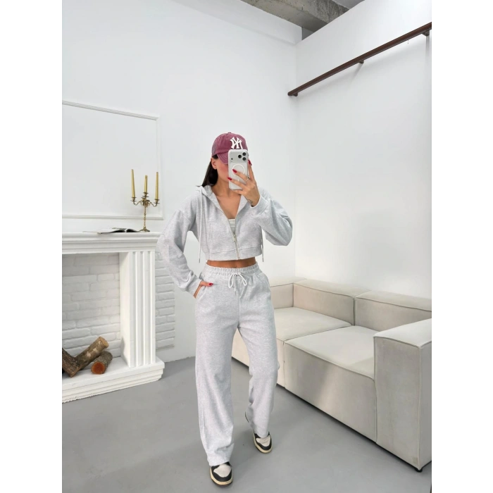 Selanik Crop Hırkalı Takım - GRİ