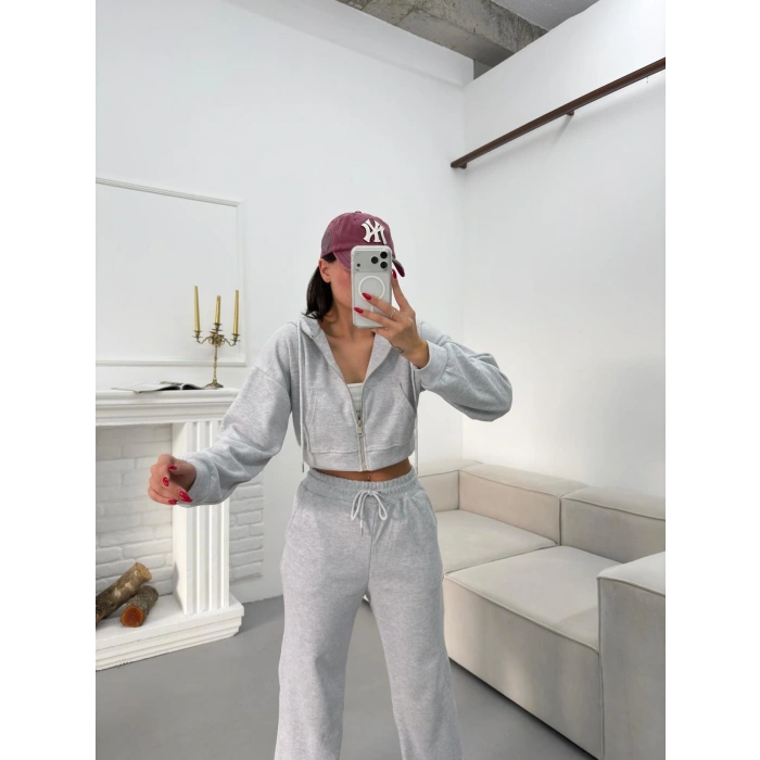 Selanik Crop Hırkalı Takım - GRİ