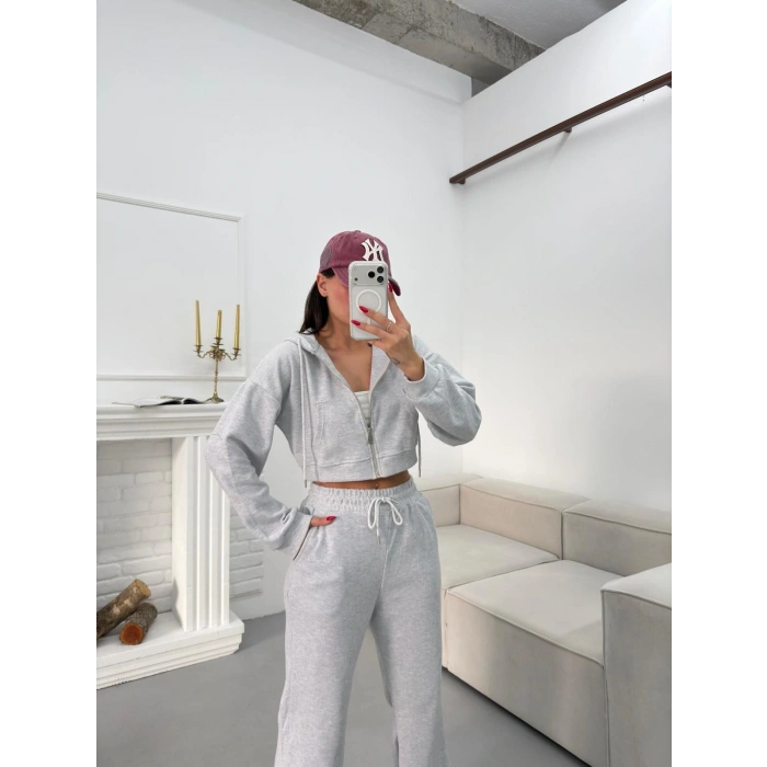 Selanik Crop Hırkalı Takım - GRİ