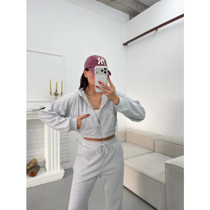 Selanik Crop Hırkalı Takım - GRİ