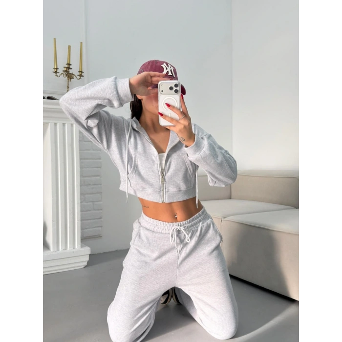 Selanik Crop Hırkalı Takım - GRİ