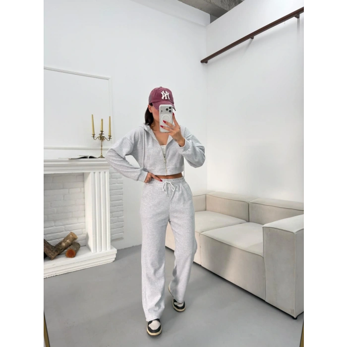 Selanik Crop Hırkalı Takım - GRİ