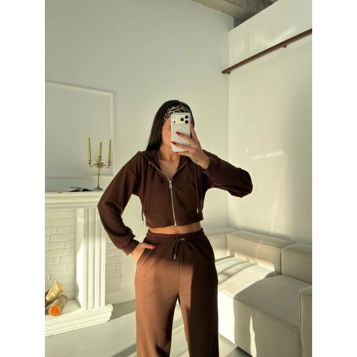 Selanik Crop Hırkalı Takım - KAHVE