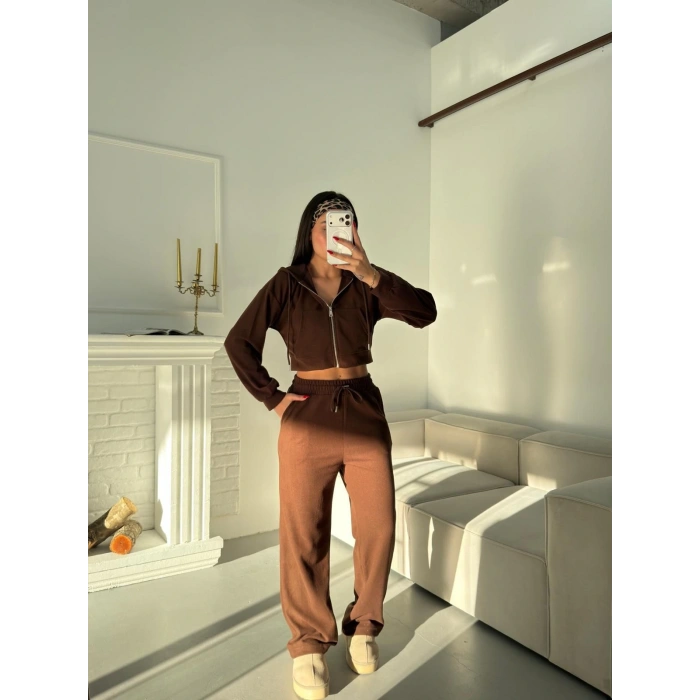 Selanik Crop Hırkalı Takım - KAHVE