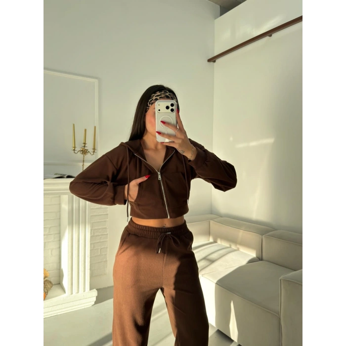 Selanik Crop Hırkalı Takım - KAHVE