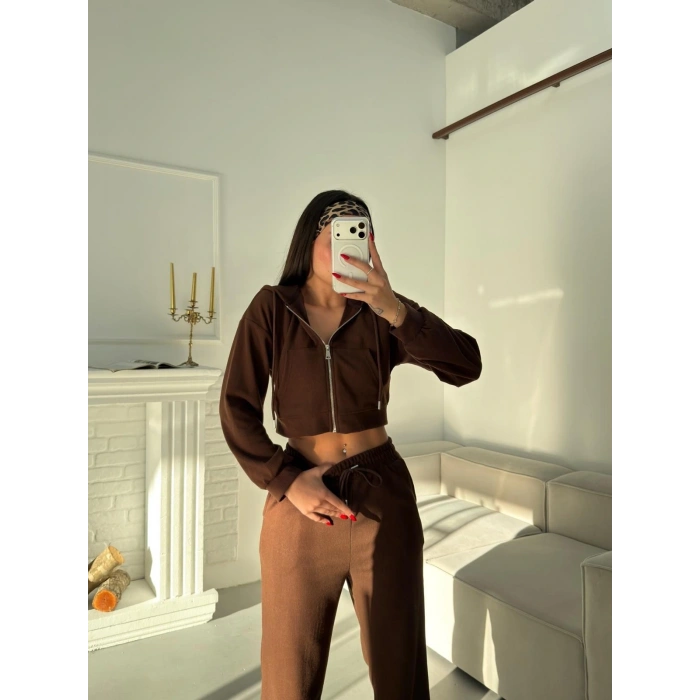 Selanik Crop Hırkalı Takım - KAHVE