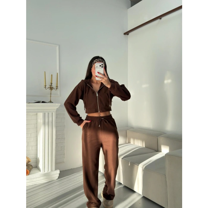 Selanik Crop Hırkalı Takım - KAHVE