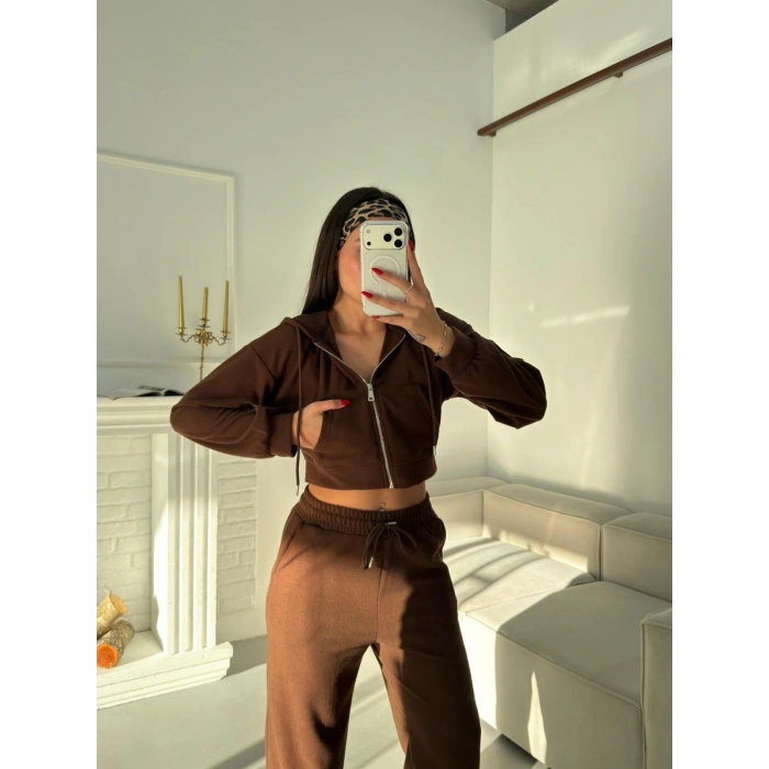 Selanik Crop Hırkalı Takım - KAHVE