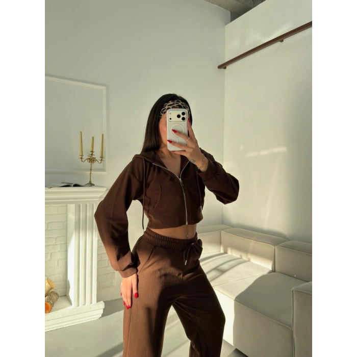 Selanik Crop Hırkalı Takım - KAHVE