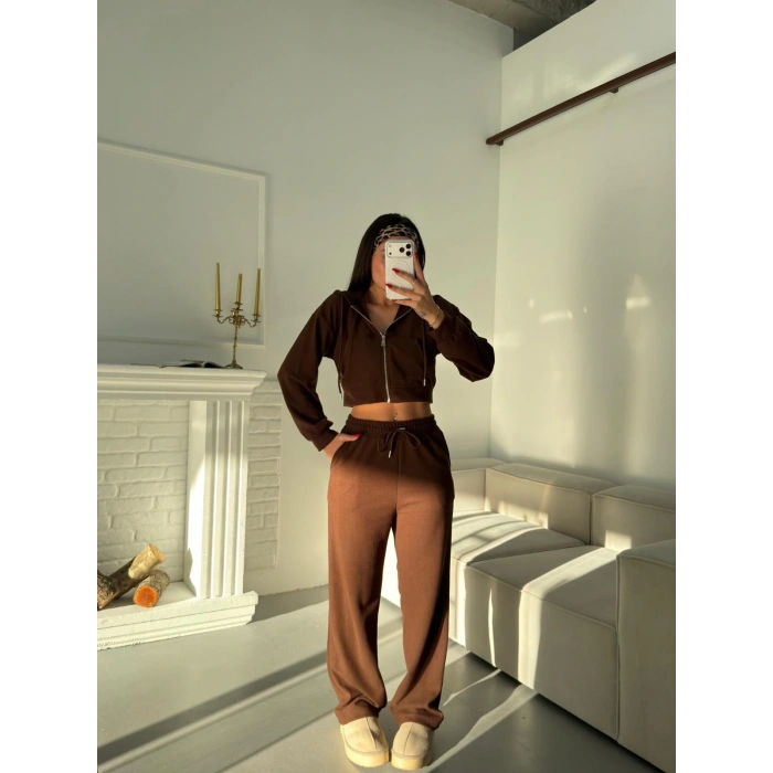 Selanik Crop Hırkalı Takım - KAHVE