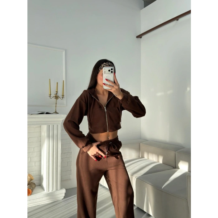 Selanik Crop Hırkalı Takım - KAHVE