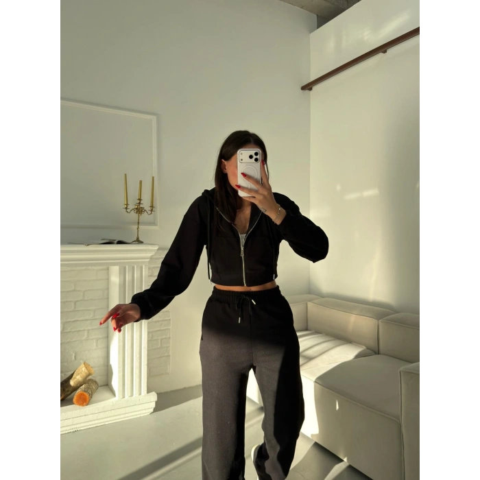 Selanik Crop Hırkalı Takım - SİYAH
