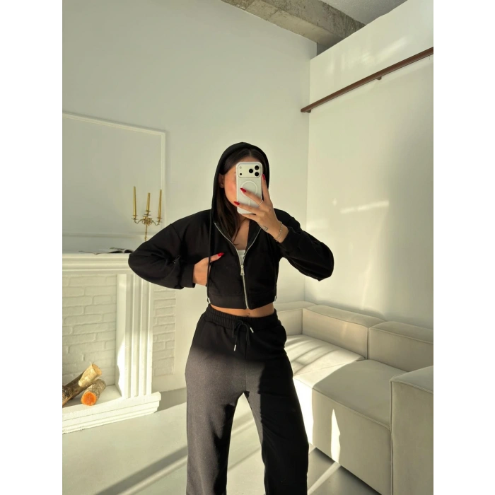 Selanik Crop Hırkalı Takım - SİYAH