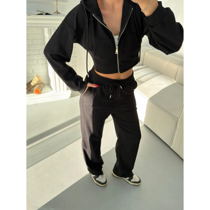 Selanik Crop Hırkalı Takım - SİYAH