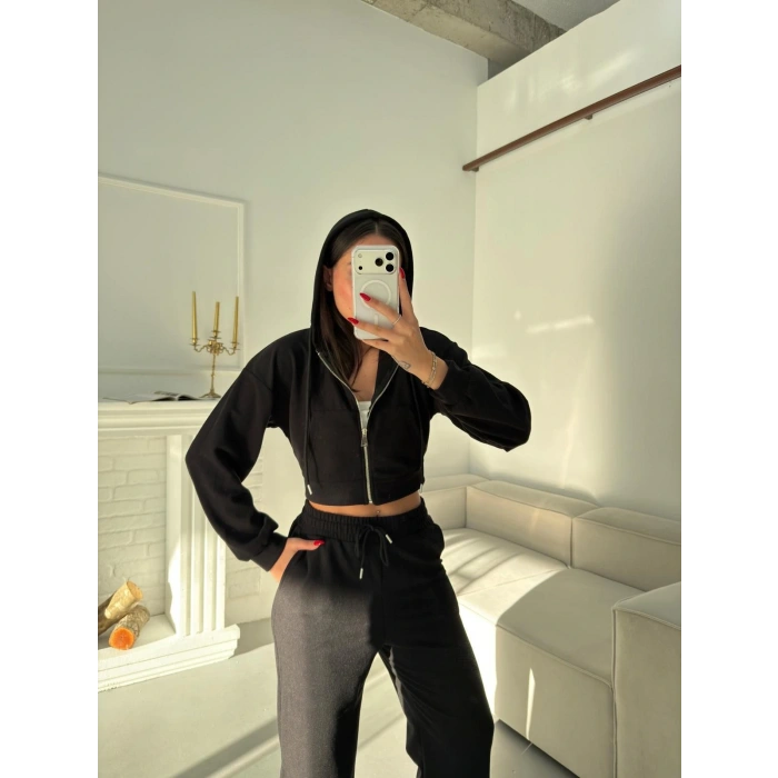 Selanik Crop Hırkalı Takım - SİYAH