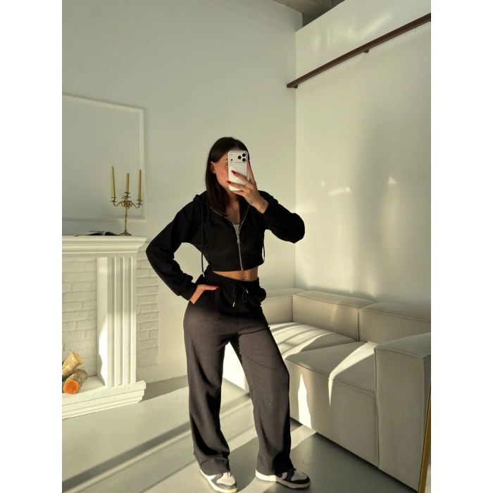 Selanik Crop Hırkalı Takım - SİYAH