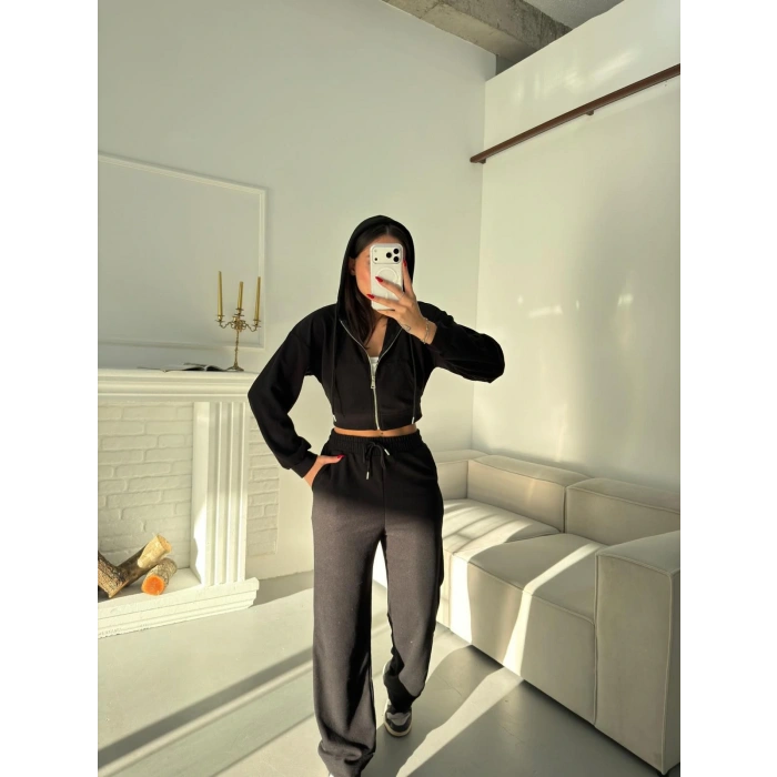 Selanik Crop Hırkalı Takım - SİYAH