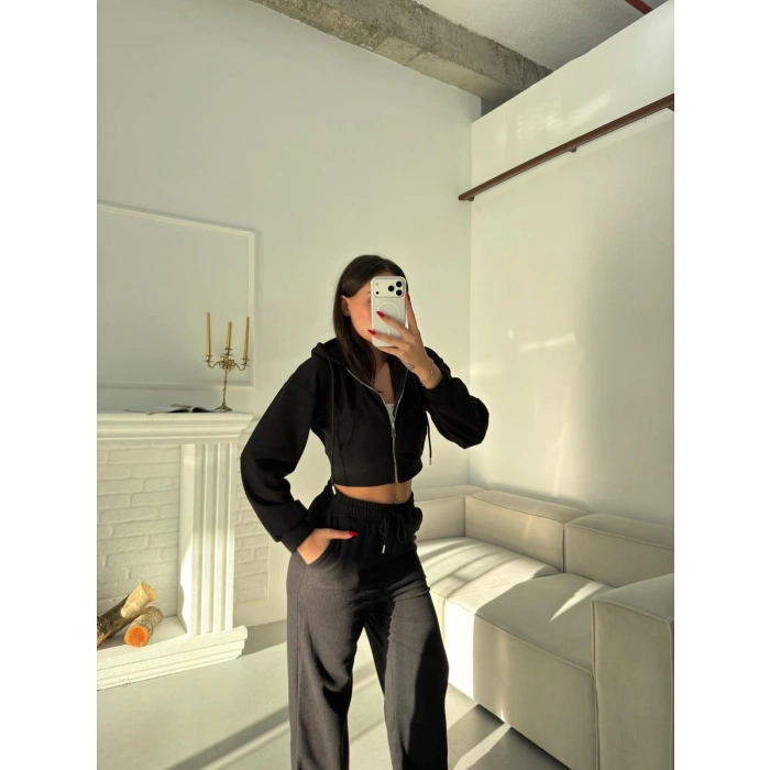 Selanik Crop Hırkalı Takım - SİYAH