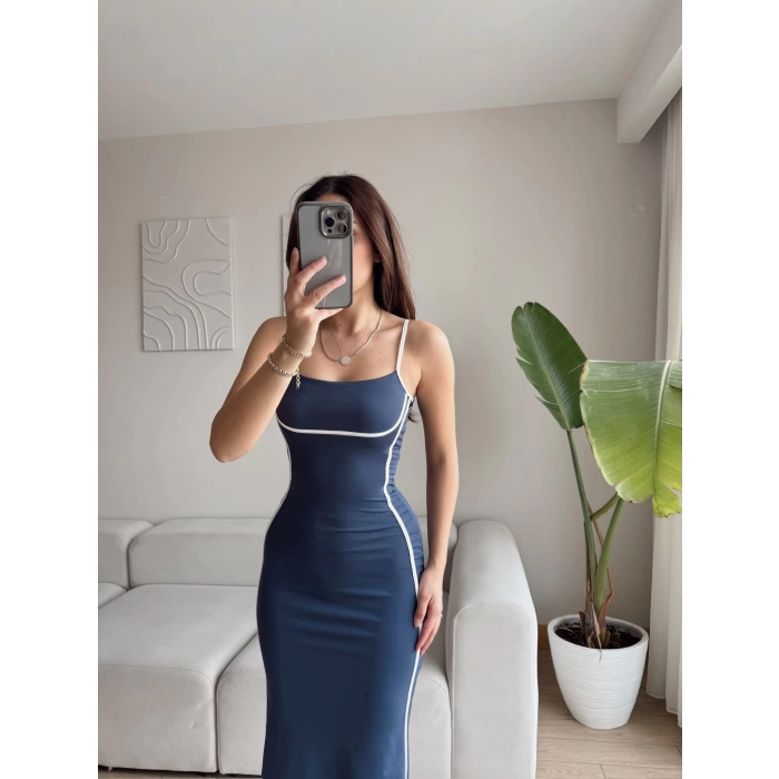 Şerit Askılı Long Elbise - İNDİGO