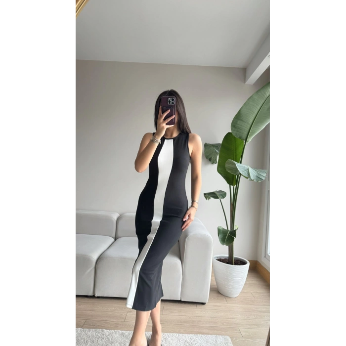 Şerit Detay Arkası Yırtmaç Uzun Elbise