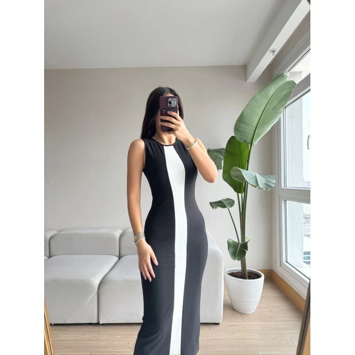 Şerit Detay Arkası Yırtmaç Uzun Elbise