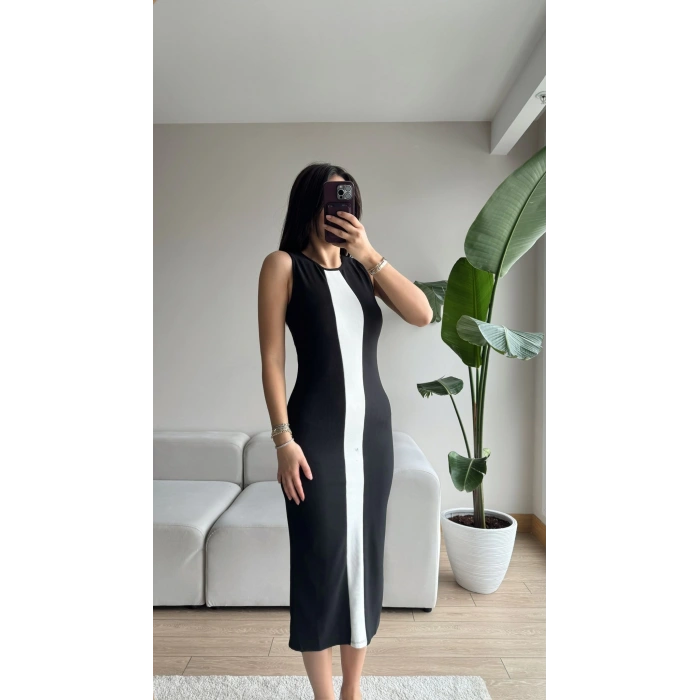 Şerit Detay Arkası Yırtmaç Uzun Elbise