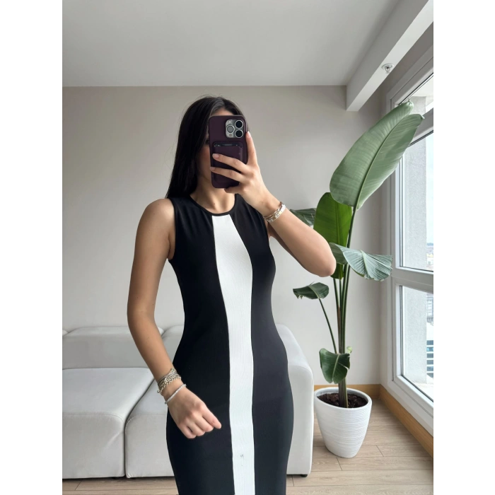 Şerit Detay Arkası Yırtmaç Uzun Elbise