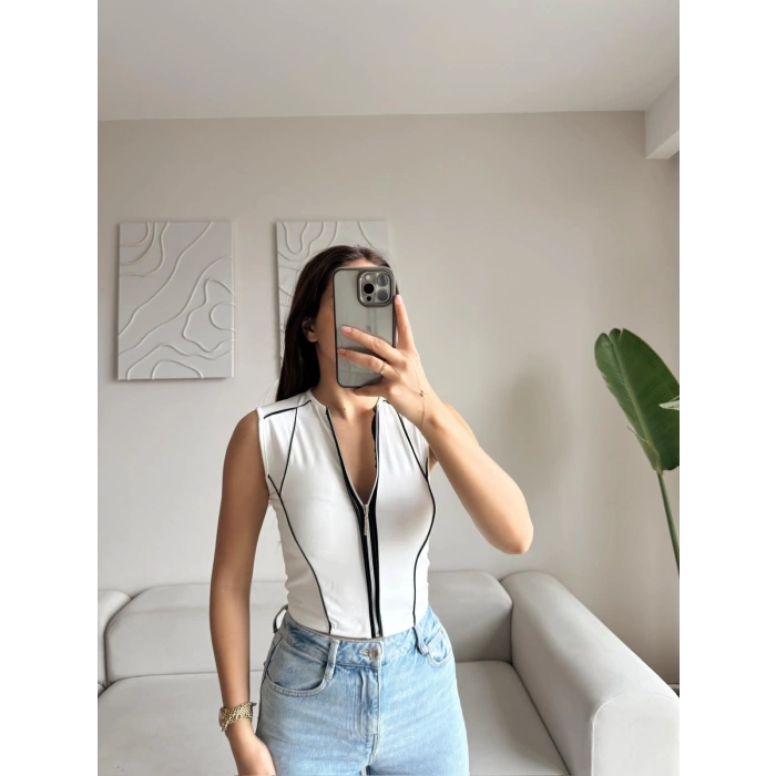 Şerit Fermuar Crop - BEYAZ
