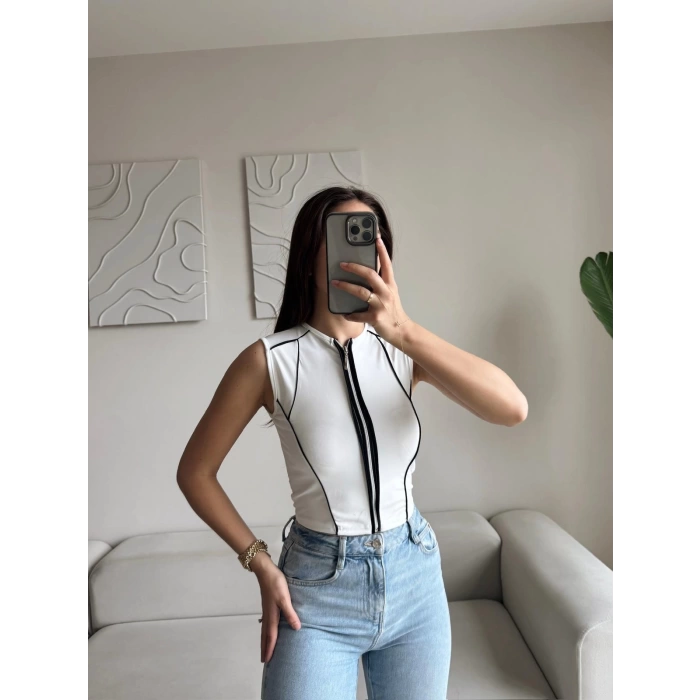 Şerit Fermuar Crop - BEYAZ