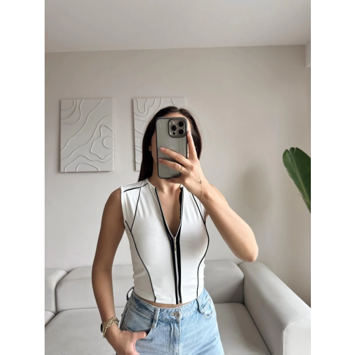 Şerit Fermuar Crop - BEYAZ