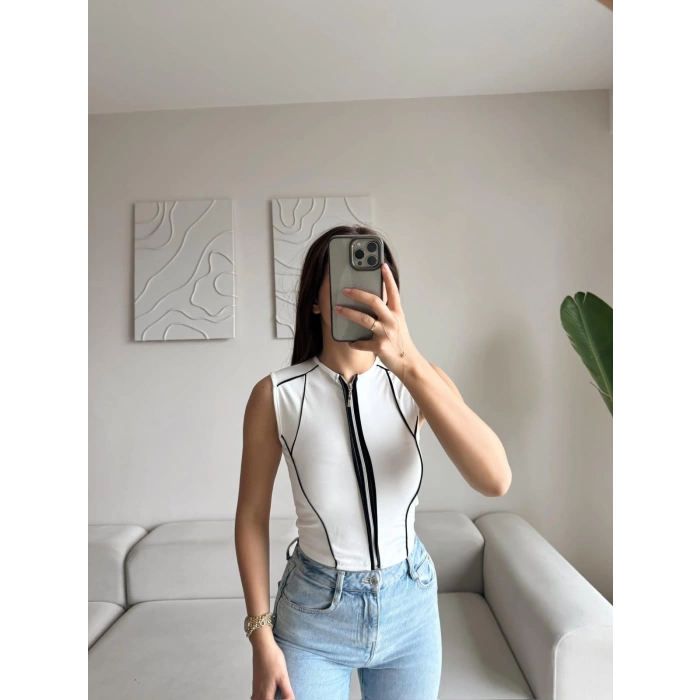 Şerit Fermuar Crop - BEYAZ