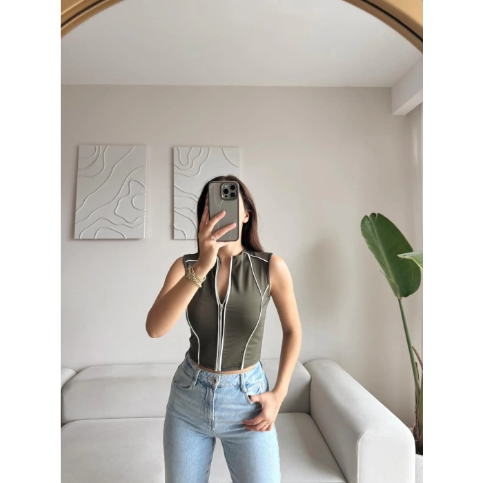 Şerit Fermuar Crop - HAKİ
