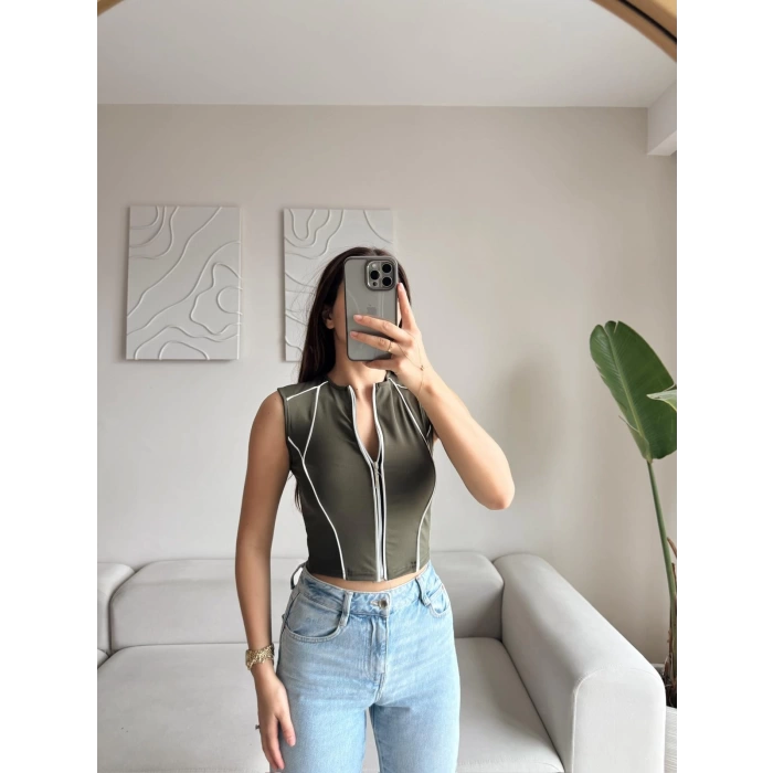Şerit Fermuar Crop - HAKİ