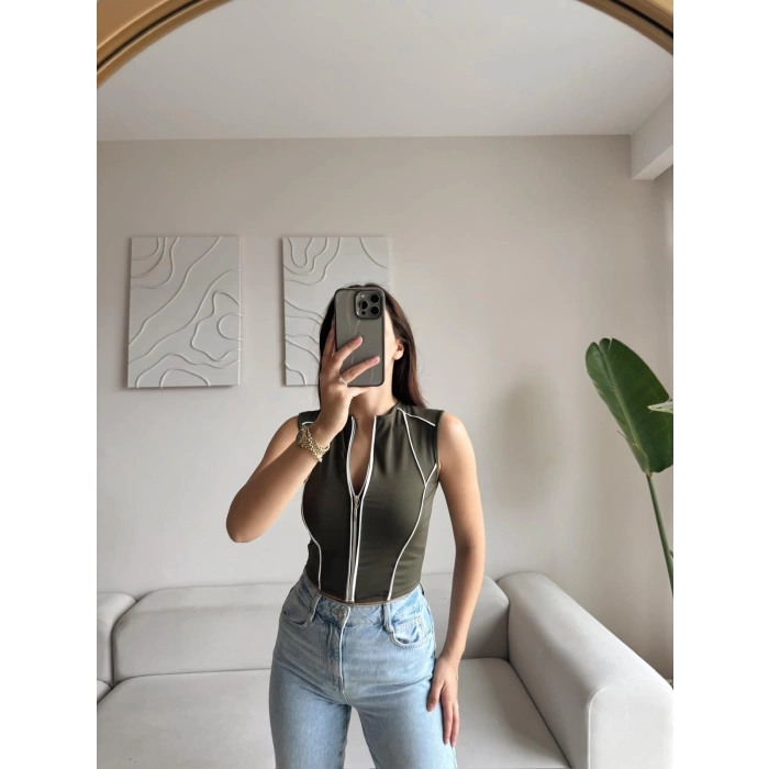 Şerit Fermuar Crop - HAKİ