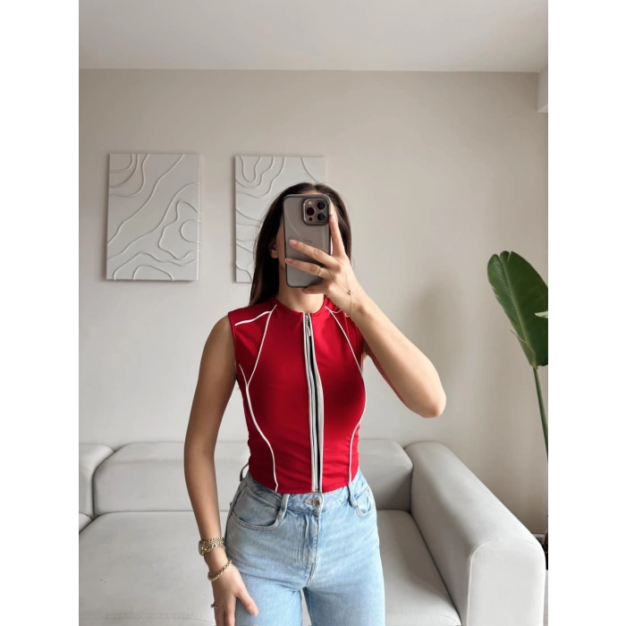 Şerit Fermuar Crop - KIRMIZI